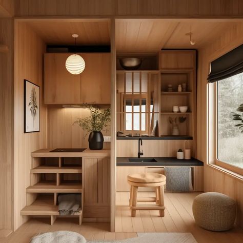 Japandi meets tiny house: the perfect match! Integrated Furniture Architecture, Japan House Interior Design, Japan Tiny Apartment, Tiny House Design Cabin, Japanese Small House Interior, Japanese Minimalist Home Interiors, Japanese Cabin Interior, Japandi Tiny Apartment, Small Tiny House Design