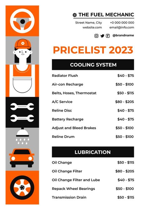 Mechanic Price List, Work Garage, Price List Design, Mobile Mechanic, Mechanic Shop, Startup Business Plan, Price List Template, Oil Change, List Template