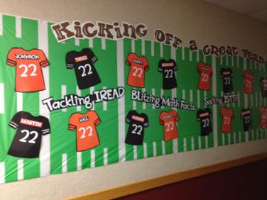 Pick a theme that you’ll love all the way through spring! Sport Classroom Decorations, Football Bulletin Boards, Sports Bulletin Boards, School Sports Theme, Sports Classroom, Sports Theme Classroom, Team Theme, Football Theme, Class Theme