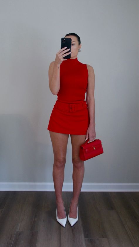 all red outfit | red bag | outfit inspo | girly red outfit #ad #expressyou Mini Skirt Outfit Heels, Red Heels Street Style, Red Pump Outfits, All Red Party Outfit, Red Outfit Night Out, Red Night Out Dress, Black Outfit With Red Heels, Red Heel Sandals Outfit, Red Dress Black Heels Outfit