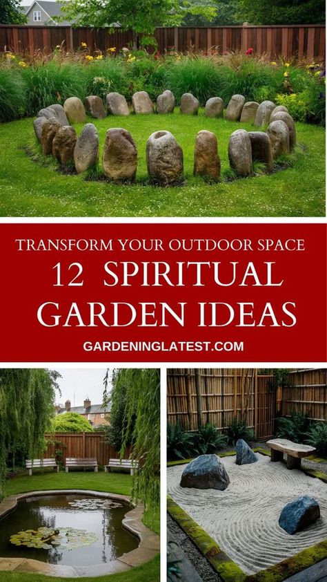 12 specially designed spiritual gardens that offer more than just beauty but will hopefully provide you with inspiration for your spiritual sanctuary—Easy to build and most;y inexpensive these designs shouldf help you find inner peace. From Zen serenity gardens with minimalist charm to lush, moonlit retreats, each garden design invites you to a personal haven of tranquility. Perfect for meditation or simply enjoying nature's embrace, these ideas will inspire you to transform your outdoor space into a soul-soothing escape. Explore each serene setting and find the perfect garden to cultivate your own space. Backyard Meditation Space Diy, Small Meditation Garden, Backyard Labyrinth Ideas, Small Backyard Zen Garden Ideas, Witchy Backyard Aesthetic, Spiritual Garden Design, Spiritual Garden Ideas Backyards, Peaceful Garden Ideas, Grounding Garden