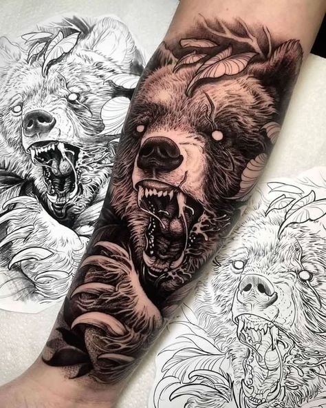 Wolf Bear Tattoo, Bear Tattoos For Men, Bears Tattoo, Bear Tattoo Meaning, Grizzly Bear Tattoos, Angry Panda, Tattoo Bear, Teddy Bear Tattoos, Viking Bear