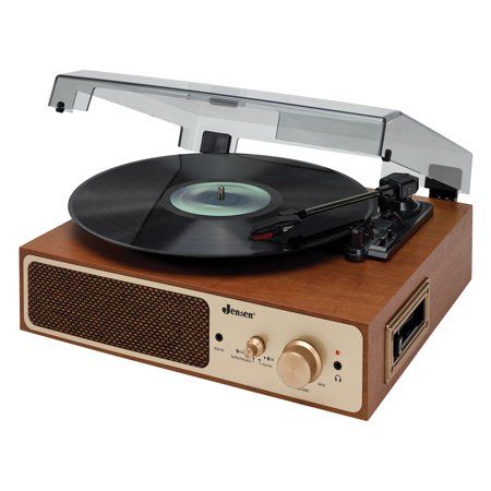 Listen to new and classic vinyl or cassettes with the Jensen 3-Speed Stereo Turntable with Cassette Player; Stereo Speakers; and Dual Bluetooth Transmitter/Receiver! This turntable offers several features you won't find anywhere else for this value. The unit features Bluetooth transmit and receive; so you have the ability to wirelessly stream your records and tapes to the Bluetooth-enabled speakers and music systems, or stream music from your phone or Bluetooth-enabled digital to the turntable's Bluetooth Record Player, Stereo Turntable, Vinyl Player, Bluetooth Transmitter, Vinyl Record Player, Stereo System, Cassette Player, Audio Player, Dj Equipment