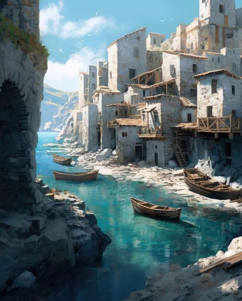 Matte Painting, Houses Nature, Illustration Environment, Nathan Chen, Landscape Concept, Coastal Cities, Fantasy City, Fantasy Places, Fantasy Concept Art