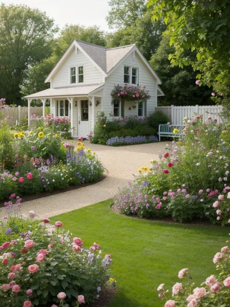 Transform Your Frontyard with Sleek Lines and Minimalist Charm: Modern Ideas for Enhancing Curb Appeal | aulivin.com Cottage Landscaping Ideas Lake Houses, Cute Small Homes, Small Cute House, Farmhouse Landscape, Casa Hobbit, Cute Cottages, Little Cottages, Casas The Sims 4, Cottage Garden Design