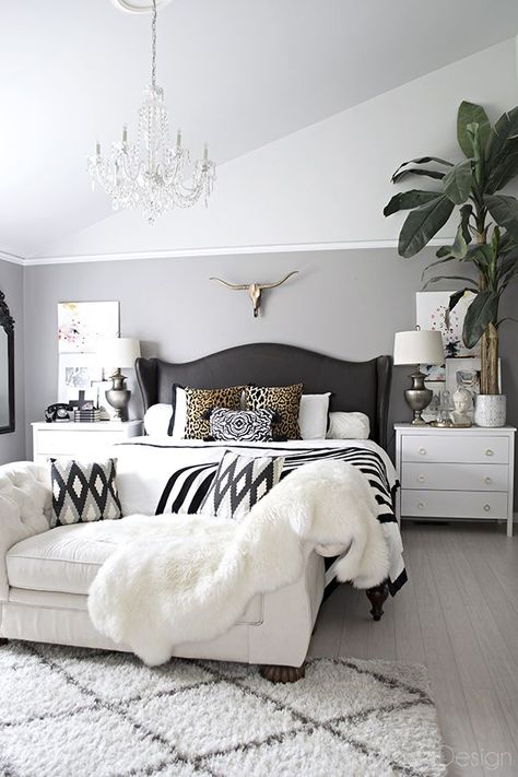 neutral bedroom with crystal chandelier, button tufted chaise, black and white accents and leather studded wingback bed - Cuckoo4Design Neutral Bedroom, Night Stand, White Bedroom, Dream Bedroom, Beautiful Bedrooms, New Room, Bedroom Makeover, Master Suite, Bedroom Inspirations