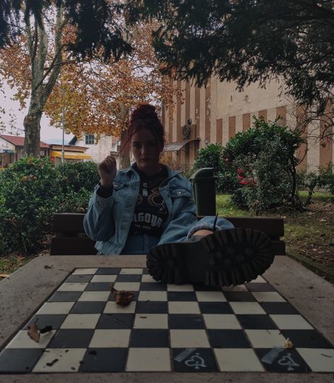 all denim
80s vibes 
90s vibes
abandoned place photoshoot
dr martens
denim jacket
curly bun Art, Photography, Chess Photoshoot, Table Photoshoot, Chess Table, Photoshoot Ideas, Chess, Photography Ideas