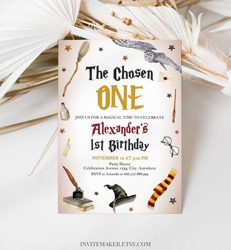 The Chosen One Birthday Invitation, Wizard 1st Birthday Invite, Corjl Editable Template, WZO #BirthdayWishes #PartyPlanningIdeas Harry Potter First Birthday Invitations, Harry Potter 1st Birthday Invitations, The Chosen 1 First Birthday, The Chosen One Harry Potter Birthday, Hogwarts First Birthday, 1st Harry Potter Birthday, Chosen One Harry Potter Birthday, 1st Birthday Boy Harry Potter Theme, One Year Old Harry Potter Birthday