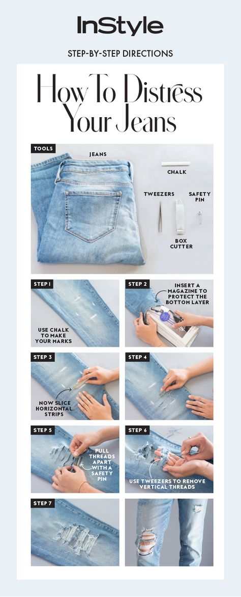 If patience isn't your thing, nor is the idea of mass-manufactured holes, we put together an easy step-by-step guide on how to distress your jeans at home. How Rip Jeans Diy, Diy Jeans Shorts Cutoffs, How To Distressed Jeans, Distress Clothes Diy, How To Make A Ripped Jeans, How To Put Holes In Jeans, How To Make Rugged Jeans At Home, Distress Jeans Diy Tutorials, How To Do Ripped Jeans Diy