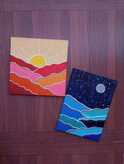 2 Canvas Paintings That Go Together Easy, Day And Night Painting Ideas, 3 Person Painting Ideas, 9x12 Canvas Painting Ideas Easy, Asethic Canvas Painting Ideas, Easy Paintings Square Canvas, Matching Paintings Ideas, Cute Couple Art Projects, Beginner Painting Ideas Easy Simple Fall