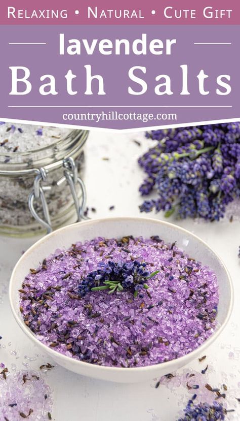 How to make your own DIY lavender bath salts with essential oils! The easy herbal homemade bath soak recipe is made with natural ingredients Epsom slat, sea salt, and florals. Can be made foaming, fizzy or bubbling, and combined with other scents such as rose, eucalyptus, peppermint, rosemary, lemon. The simple tutorial includes packaging and container ideas (jars, test tubes, favors), tips for storage, how to use, and free printable labels for handmade gifts. #bathsalts| CountryHillCottage.com How To Make Lavender Bath Salts, Epsom Bath Salt Recipe, Diy Lavender Bath Salts, Bath Salt Tubes Diy, How To Make Your Own Bath Salts, Retreat Crafts Easy Diy, Essential Oils Packaging Ideas, Salt Soak Recipe, Lavender Bath Salts Diy