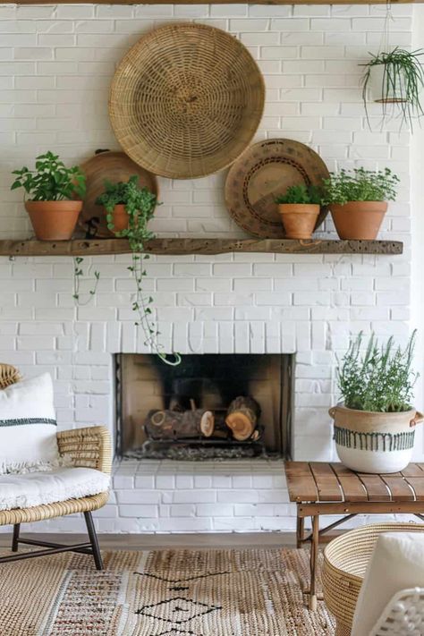 rustic boho Summer Mantel Summer Mantle Decor Ideas, Fireplace Mantal Decor, Bohemian Fireplace Decor, Boho Fireplace Makeover, Brick Fireplace Mantle Decor, Boho Fireplace Mantle, Boho Fireplace Mantle Decor, Boho Mantle Decor, Mantal Decor