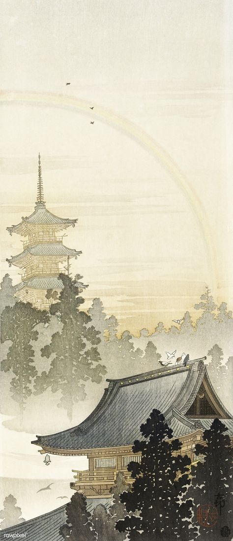 Pagoda and rainbow (1900 - 1910) by Ohara Koson (1877-1945). Original from the Rijks Museum. Digitally enhanced by rawpixel. | free image by rawpixel.com Japanese Painting, Meiji Era, Koson Ohara, Ohara Koson, Free Illustration Images, Sumi E, Japanese Prints, Woodblock Print, Print Artist