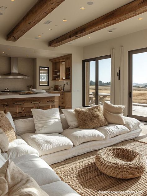 Mastering Neutrals: Your Guide to Utilizing Neutral Colors in Home Design Large Living Room Window, Country Home Living Room, Living Room With White Couch, Casa Feng Shui, Wood Ceiling Beams, Textured Pillows, Reclaimed Wood Ceiling, Neutral Interior Design, White Couch
