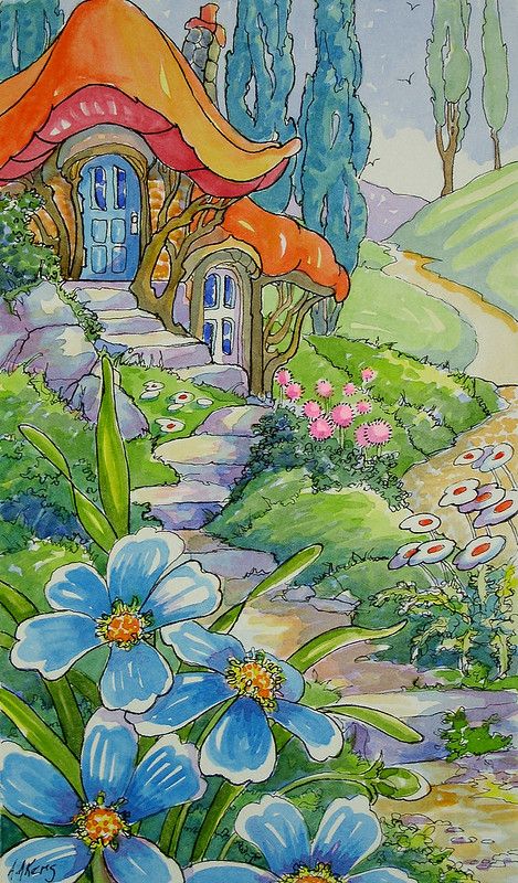 Whimsical Garden Art Drawing, Cottage Garden Drawing, Fairy Garden Ideas Drawing, Cute Garden Drawing, Fairy House Drawing Cottages, Aesthetic Garden Drawing, Fairy Garden Painting, Cottage Garden Painting, Draw Garden