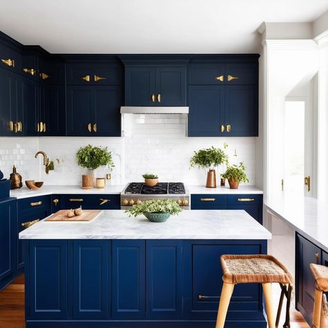 A kitchen design featuring bold, deep blue cabinets paired with contrasting white countertops and gold hardware, creating a striking and unique style that reflects a vibrant personality. Color Cabinets Kitchen, Color Cabinets, Kitchen Stand, Cabinets Kitchen, Kitchen Cabinet Design, Kitchen Design Ideas, Bold Color, Kitchen Colors, Bold Colors