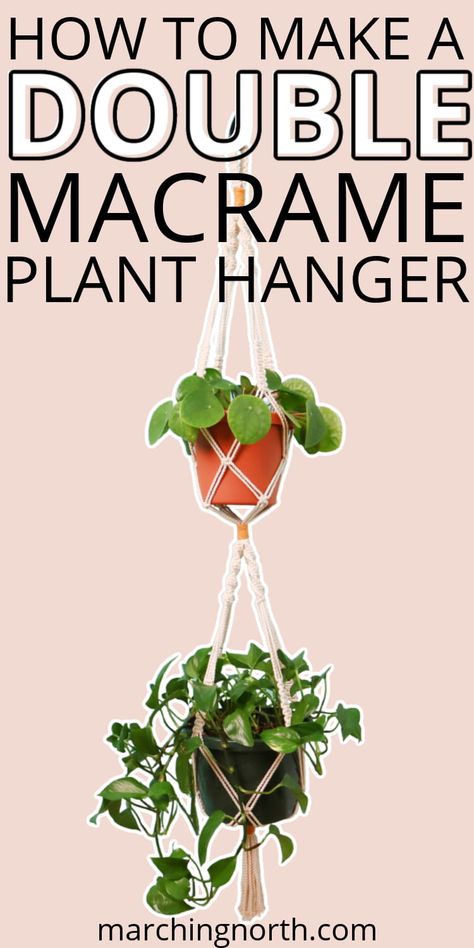 a double macrame plant hanger with 2 plants inside against a pink background Double Plant Macrame Hanger, 3 Plant Macrame Hanger, Free Plant Hanger Patterns, Macrame Plant Hanger Double Diy, Macrame 3 Plant Hanger, How To Do Macrame Plant Holders, Makrame Plants, Macrame Plant Hanger Pattern How To Make, Free Macrame Plant Hanger