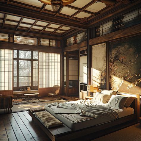 Luxurious modern Japanese bedroom with a low wooden bed frame and soft lighting. Bedroom Ideas Organic Modern, Japanese Bedroom Aesthetic, Earthy Modern Bedroom, Cozy Bedroom Neutral, Bedroom Japanese Style, Japanese House Interior, Japanese Bedroom Ideas, Japanese Bedroom Design, Modern Cozy Bedroom