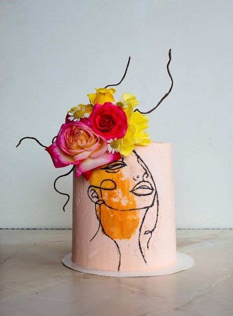 Face line art cake #butterecream #wire #spatulas #painbrushes #art #artcake #womanface #realflowers #cake #cakedecorating #cakeart #cakedecor #cakesdecor Essen, Face Cake Design, Line Art Cake, Abstract Cake, Spatula Cake, Modern Birthday Cakes, Baking Cakes Ideas, Single Tier Cake, Fashion Cake