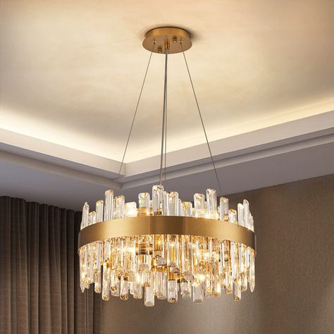 Everly Quinn Marais 3-Way Dimmable Gold Round K9 Crystal Hanging Ceiling Light Modern Crystal Chandeliers | Wayfair Modern Gold Chandelier, Gold Chandeliers, Crystal Wall Lighting, Crystal Hanging, Crystal Ceiling Light, Modern Crystal Chandelier, Crystal Chandelier Lighting, Rectangle Chandelier, Hanging Ceiling Lights