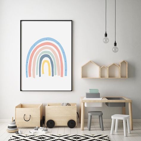 Kids Prints and Wall Decals on Instagram: “| HAPPY RAINBOW | ... because rainbows make me happy!! This is the perfect print for a playroom if you need to add a little pop of colour!…” Neutral Rainbow Nursery, Rainbow Nursery Art, Dandelion Wall Art, Neutral Nursery Art, Pastel Blue Background, Happy Rainbow, Neutral Rainbow, Scandinavian Nursery, Double Rainbow