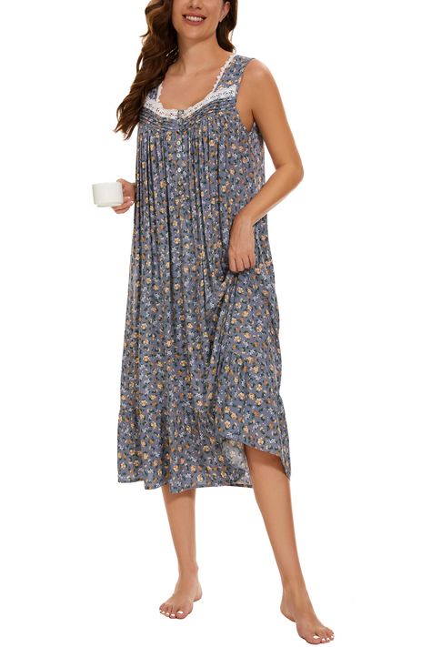 PRICES MAY VARY. Womens sleeveless nightgown is made of 65% Polyester,35% Cotton. Lightweight, breathable, comfy and flattering. Soft to the touch and allows for comfortable and free movement. It's the perfect nightdress to wear at night in the summer. Sleeveless night gowns features: Floral Print Design, pintucked, lace collar, beautiful victorian style subtle ruffles detailing decorationfor an extra fancy touch.Two functional patch pockets on each side of the lounge dress, are perfect for keep Cotton Nightgowns, Maternity Nightgown, Sleeveless Nightgown, Long Nightdress, Delivery Gown, Night Gowns, Cotton Nightgown, Free Movement, Pajama Dress