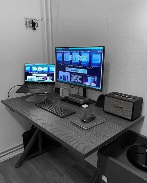 Desk Setups | Work Station on Instagram: "Today’s @thelitesetup 👨🏻‍💻 What’s your favourite part of this setup❓ Rate this 1-10! Turn on post notification 🔔 📸 : @justwowgift #ps5controller #nvidiageforce #workdesign #computersetup #gaming #ps5games #gamingmemesdaily #nvidiartx #workstation #workspace #gamingpage #gamingpcbuild#workdesign #setupinspiration #techsetup #workdesk #workstationsetup #applelife #gamingmemesdaily #appleservice #applephone #gamingtime #applephotography" Gaming Laptop Setup, Gaming Desk Setup, Computer Desk Setup, Home Studio Setup, Desk Goals, Desktop Setup, Bedroom Setup, Creative Workspace, Gaming Room Setup