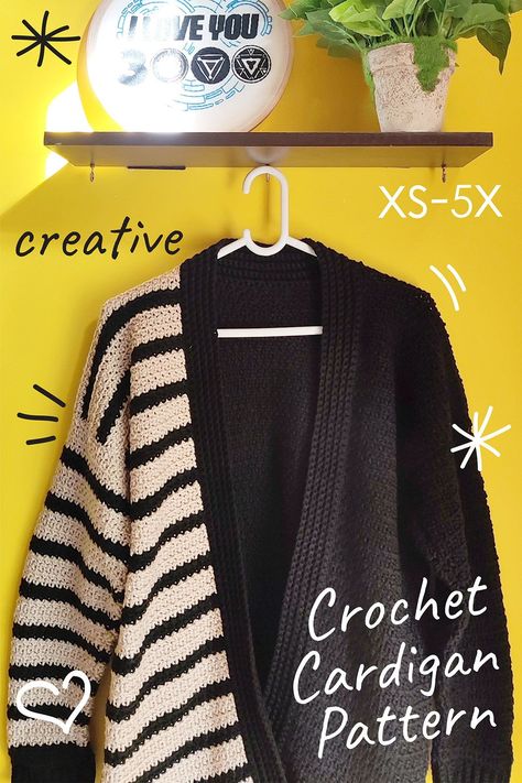 Looking for a creative crochet sweater pattern? I think you will enjoy the Stripe Blocked Cardigan Pattern. It's a fun, modern and unique crochet project. If you like making crochet clothes you will enjoy this easy crochet pattern. Crochet Cardigan Construction, Striped Crochet Pattern, Color Block Crochet Cardigan Pattern, Crochet Halloween Cardigan Pattern Free, Black Crochet Cardigan Pattern, Knit Stripe Sweater, Crochet Sweater Jacket Pattern Free, Black And White Hexagon Cardigan Crochet, Easy Crochet Jacket