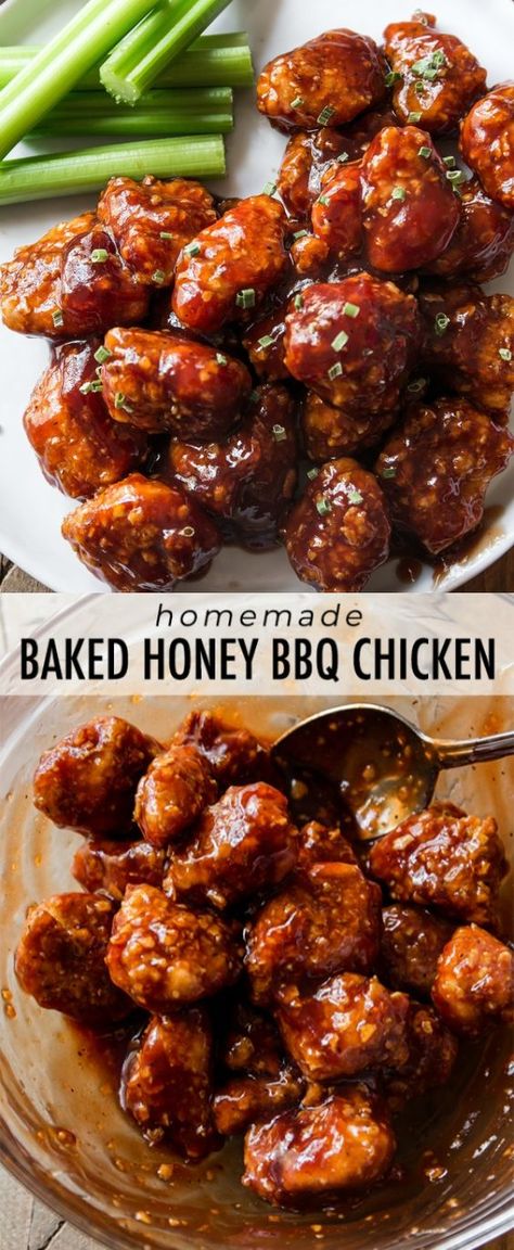 Baked Honey Bbq Chicken, Bbq Popcorn Chicken, Bbq Popcorn, Saucy Chicken, Chicken Poppers, Honey Bbq Chicken, Resep Salad, Boiled Food, Bbq Chicken Recipes