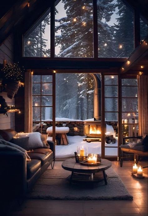 Cozy Winter Cabin Aesthetic, Cozy Winter House, Winter Living Room, Cabin Aesthetic, Winter Cabin, Cozy Room, Winter House, Cabins In The Woods, Dream Home Design