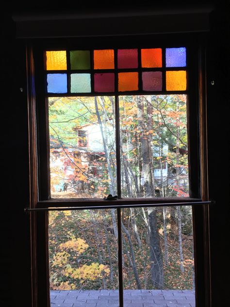 Stained Glass Small Window, Cottage Stained Glass Window, Cool Window Ideas, Mid Century Stained Glass Window, Stainglass Window Ideas, Stained Glass Windows In Homes, Colourful Windows, Coloured Windows, Colorful Windows