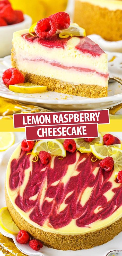 This Lemon Raspberry Swirl Cheesecake is perfectly sweet and tart, infused with lemon and raspberry flavors in every bite. The perfect cheesecake for summer! Cheesecakes For Easter, Lemon Raspberry Cheesecake Recipes, Cheesecake Design Ideas, The Perfect Cheesecake, Apartment Meals, Lemon Raspberry Cheesecake, Deserts Recipes, Lemon And Raspberry, Perfect Cheesecake