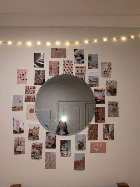 Photo Collage Mirror Frame, Mirror Photo Collage, Instax Wall Ideas, Polaroid Wall Ideas, Polaroid Mirror, Mirror Collage Wall, Polaroid Wall Decor, Mirror Wall Collage, Cozy Dorm Room