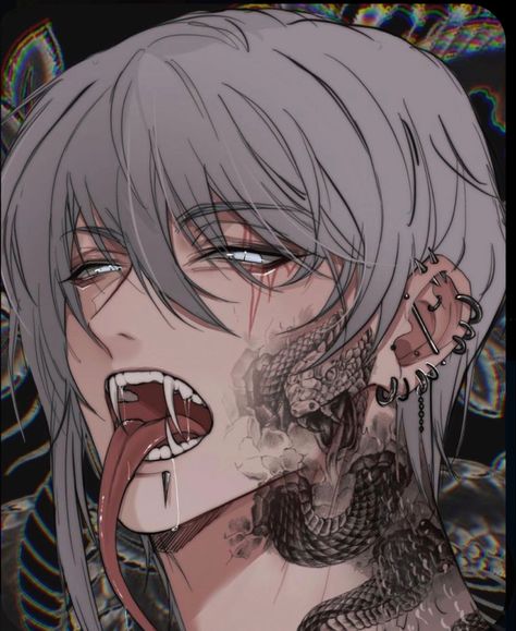 Snake Fangs, Grunge Piercings, Anime Snake, Anime Alien, Person Drawing, Cool Anime Guys, Character Design Male, Anime Drawings Boy