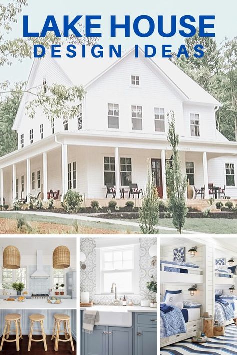 Lake Home Ideas House Plans, Lake House Modern Interior, Lake House With Bunk Room, Blue And White Lake House Decor, Tiny Lake Cottage Interior, Lake Home Kitchen Ideas, Hamptons Style Lake House, Lake Loft Ideas, Old Lake House Interior