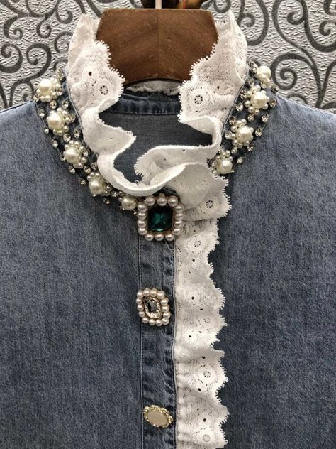 HEYFANCYSTYLE Denim Jewel Embellished Blouse Patchwork, Upcycling, Denim And Pearls, Pink Velvet Dress, Denim Coat Women, Womens Denim Shirt, Denim Crafts, Embellished Denim, Embellished Blouse