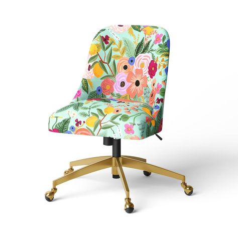 This Desk Chair from Rifle Paper Co. x Target will add unique style to your home office. This armless chair features brass-tone metal legs, rolling casters and floral upholstery. The padded seat and back covered in soft fabric help keep you comfortable, and the unique look makes for a charming focal point in your space. Rifle Paper Co. is a stationery and lifestyle brand based in Winter Park, Florida, founded in 2009 by husband-wife team Nathan and Anna Bond. Anna’s hand-painted illustrations an Boho Desk Chairs Comfy, Colorful Office Furniture, Funky Desk Chair, Bright Office Decor, Teacher Home Office, Cute Desk Chairs, Flower Classroom, Colorful Office Chair, Target Desk
