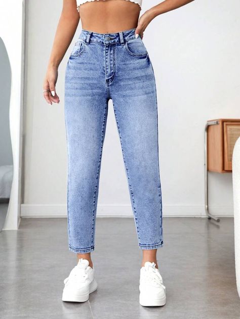 Mom Jeans Women, Moms Jeans, Denim Top Women, Mom Fit Jeans, Jean Mom, Blue Mom Jeans, Sneaker Outfits Women, Womens Denim Dress, Denim Skirt Women