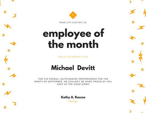 Orange Lightning Employee of the Month Certificate Employee Of The Month Certificate, Orange Lightning, Free Printable Certificate Templates, Month Template, Probability Worksheets, Free Gift Certificate Template, Student Of The Month, Staff Appreciation Gifts, Retirement Invitation Template