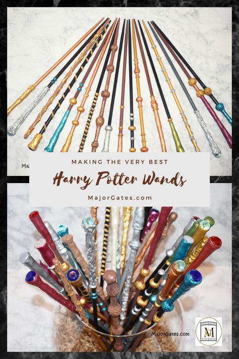 Diy Harry Potter Wands Clay, Wand Making For Kids, Harry Potter Booth Ideas, Harry Potter Crafts To Sell, Diy Wizard Wand, Wizard Theme Party, Diy Wands For Kids, How To Make A Harry Potter Wand, Harry Potter Jewelry Diy