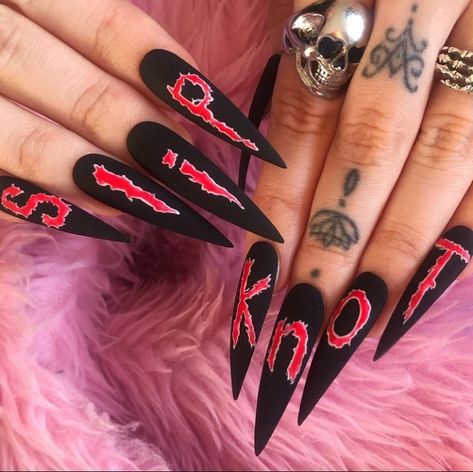 666 Nails Designs, Slipknot Nails Acrylic, Nail Inspo Alt, Slipknot Nails, Acrylic Nails Ideas Coffin, Deftones Nails, Emo Nail Art, Nails Ideas Coffin, Style A Leather Jacket