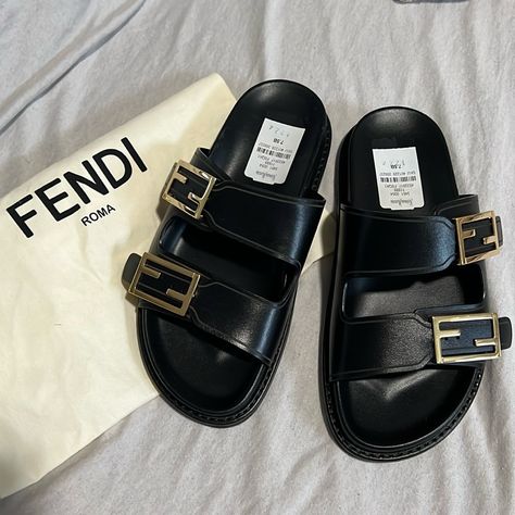 Fendi Sandals. Style: Jacquard. Size 7.5. Color: Black. Displayed Shoes. Some Scratches And Wear On Soles. Include Dust Bag. No Box Fendi Slides, Fendi Sandals, Fendi Pink, Dad Sandals, Black And White Heels, White Sandals Heels, Fendi Logo, Kitten Heel Sandals, Fendi Shoes