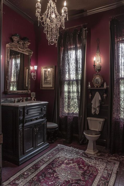 21 Gothic Bathroom Interior Concepts To Fuel Your Dreams! - My Decor Inspo Victorian Gothic Bathroom, Vampire Home Decor, Gothic Bathroom Ideas, Burgundy Bathroom, Gothic Bathroom Decor, Gothic Manor, Bathroom Victorian, Gothic Interior Design, Small Bedroom Makeover