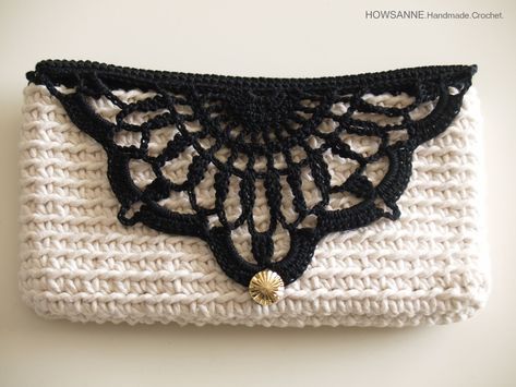 Crochet clutch with beautiful crocheted flap | Howsanne Sandal Rajut, Crochet Clutch Bags, Crochet Beach Bags, Crochet Shell Stitch, Crochet Hook Set, Crochet Handbags Patterns, Crochet Clutch, Handbag Pattern, Crochet Motifs