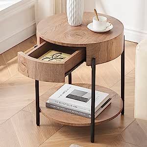 End Table with Drawer: This farmhouse bedside table features a wide tabletop and a drawer to provide ample display and storage space, a 19.69'' tabletop is ideal for displaying decorative items or storing snacks, coffee, cocktails, or books and keeps essentials within reach, a drawer offer extra private and dust-proof space to keep household items in order and accessible, which makes your room tidy and neat. Nature, Circle End Table, End Table With Drawer, Farmhouse Aesthetic, End Tables With Drawers, Round End Table, Wood Grain Texture, Metal Table Legs, Sofa End Tables