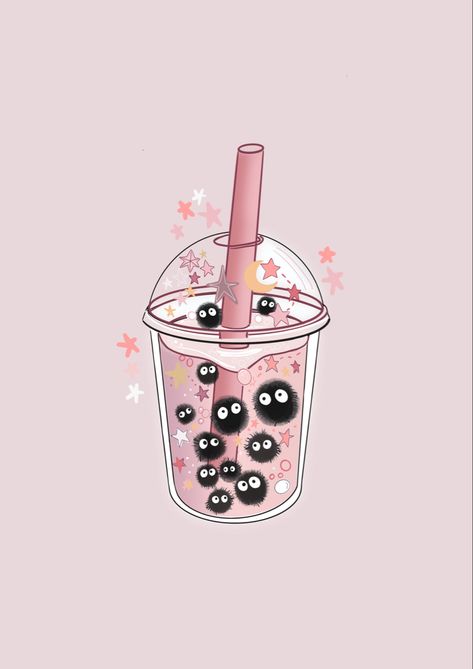 Pink Bubble Tea Aesthetic, Boba Milk Tea Aesthetic Wallpaper, Bubble Tea Aesthetic Drawing, Studio Ghibli Wall Art, Bubble Tea Drawing Cute, Studio Ghibli Pink Aesthetic, Bubble Tea Tattoo, Ghibli Art Draw, Pink Studio Ghibli