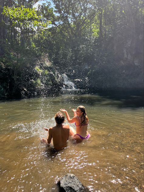 Nature, Waterfall Date Aesthetic, Waterfall Aesthetic Couple, Waterfall Couple Aesthetic, Couple Waterfall Aesthetic, Couple In Hawaii Aesthetic, Summer In The Woods Aesthetic, Nature Hiking Aesthetic, Swimming Date Aesthetic