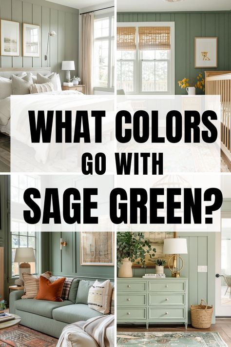 Are you struggling to find what colors go with sage green in the home? Whether you are looking to pair a color with your bedroom, cabinets, walls, living room or even exterior of the home, we've got you covered! Discover the best color combinations to pair with sage green in the home to make your design stand out and look flawless. Sage Green And Accent Colors, Green Paint Walls Living Room, Sage Green And Brick Exterior, Green Cabinets Orange Walls, Sage Green Palate, Sage Green Feature Wall Kitchen, Sage Color Swatch, Sage Theme Living Room, House Interior Sage Green