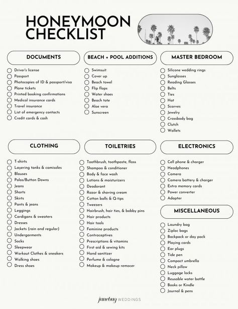 This handy honeymoon checklist has all the essentials you’ll need and a few add-ons for a beach getaway or a snowy mountain escape. | Junebug Weddings Honeymoon Checklist, Honeymoon Activities, Honeymoon Bag, Honeymoon Packing List, Honeymoon Essentials, Honeymoon Packing, Honeymoon On A Budget, Honeymoon Tips, Honeymoon Vacations