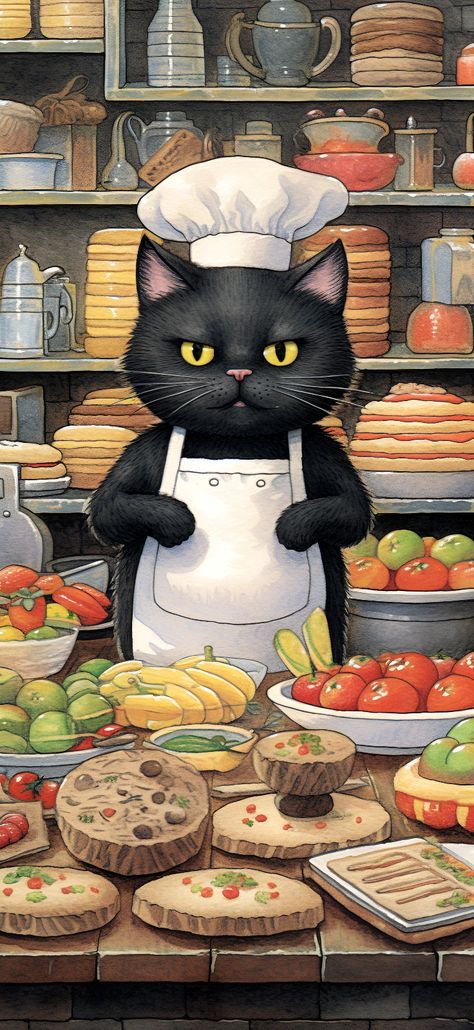 A black cat donning a chef's hat, surrounded by a colorful array of vegetables, adding a playful and lively vibe to the scene. Cat Chef Drawing, Chef Wallpaper Aesthetic, Chef Aesthetic Wallpaper, Chef Wallpaper, Cats Tattoo Ideas, Cat Tattoos Ideas, Cat Tattoo Simple, Artwork Collection, Wallpaper Cat